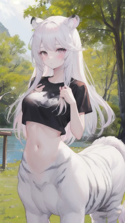 (best quality, masterpiece), 1 girl, centaur, It takes, White skin, Korean ,daughter, black pink, exposing the abdomen, belly button t-shirt , 아름다운 소녀 Perfect wild white tiger photo, Perfect wild white tiger photo