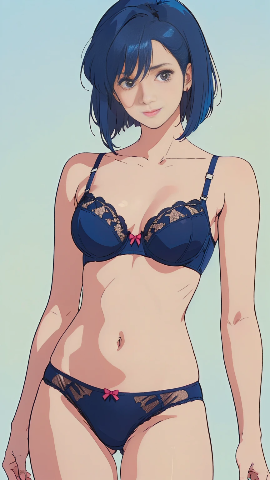 ((masterpiece)), (((Highest quality))), ((Reference Sheet, Character Design)), Highest quality, masterpiece, Ultra-high resolution, Original photo, Ultra-high resolution, Three beautiful women, Blue hair, bob cut, Big smile, Wearing lace bra, Wearing lace panties, (elaborately designed luxury panties for adults, panties high definition images, draw panties with super precision), extreme texture, (((threads of the seams for panties crotch is visible))), stitch of panties is visible
