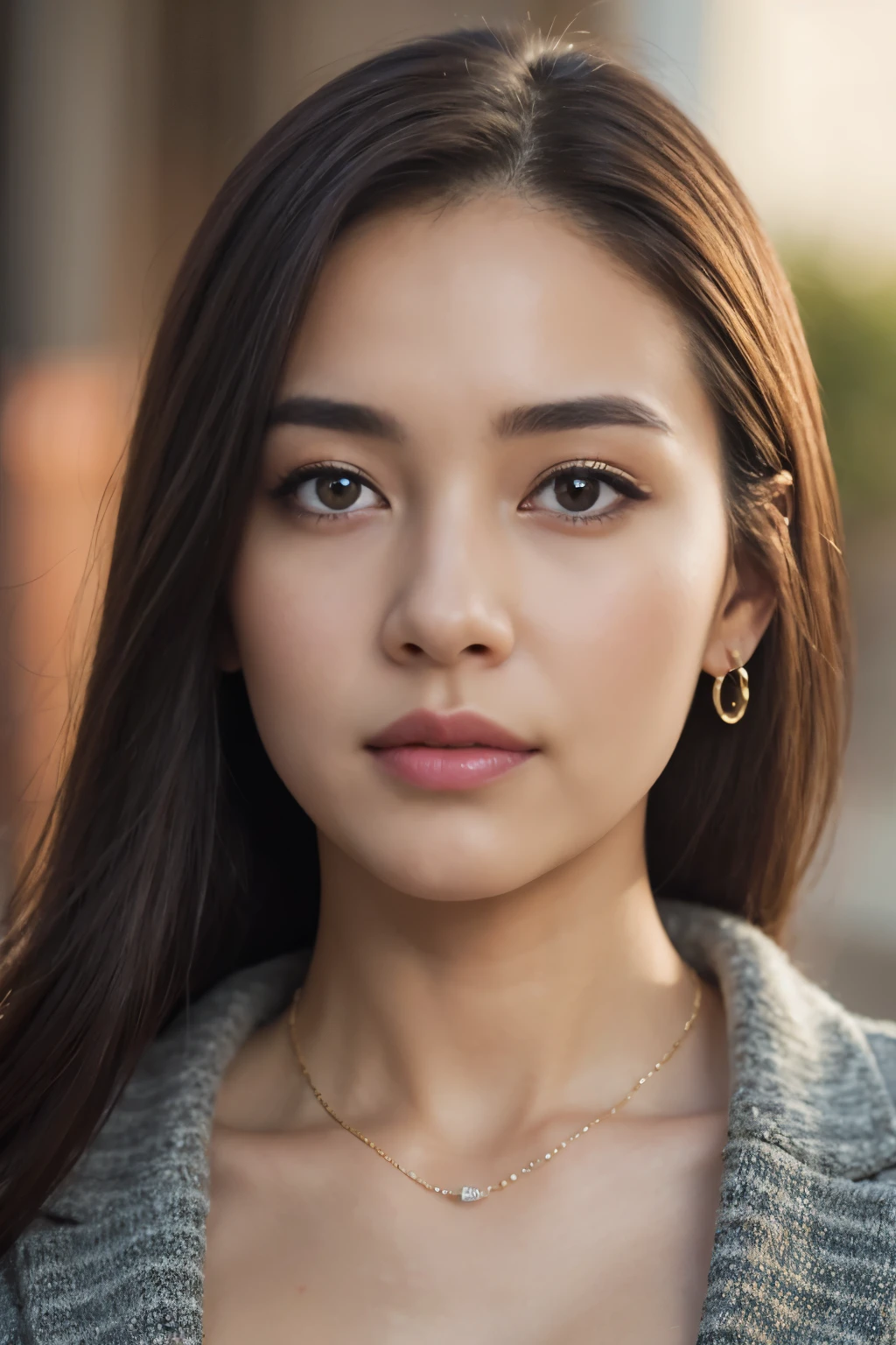 realistic, High resolution, soft light,1 female, alone, hip up, (detailed face), jewelry, streetwear, beauty model, Eyes that invite the viewer, Spouse'perspective, attractive appearance, sexy smile, perfect style, perfect balance, fine skin, naughty look, I can see your breasts