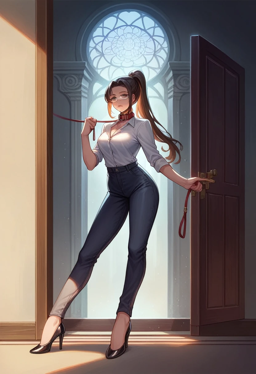(masterpiece, best quality:1.2), detailed face, detailed eyes, elegant woman, long hair, high heeled, shiny skin, welcomes you at the door, dress shirt, pants, random collar, ponytail hair, cool attitude, cool glasses, exciting, cool, (perfect hands:1), (Neck leash 1.4) , spread legs