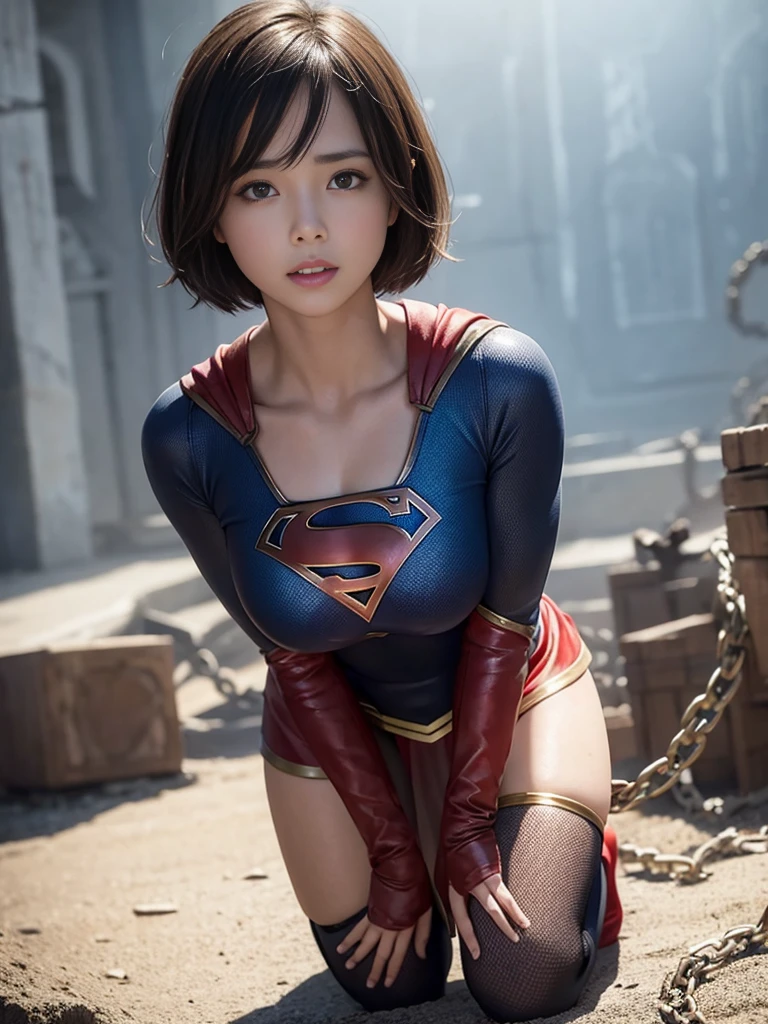Short-haired Supergirl kneels, tangled in rusty chains、Big ample breasts、Looking into the camera、Shiny Costumes、Shabby costume、Injury、Dungeons、slave、Humiliated