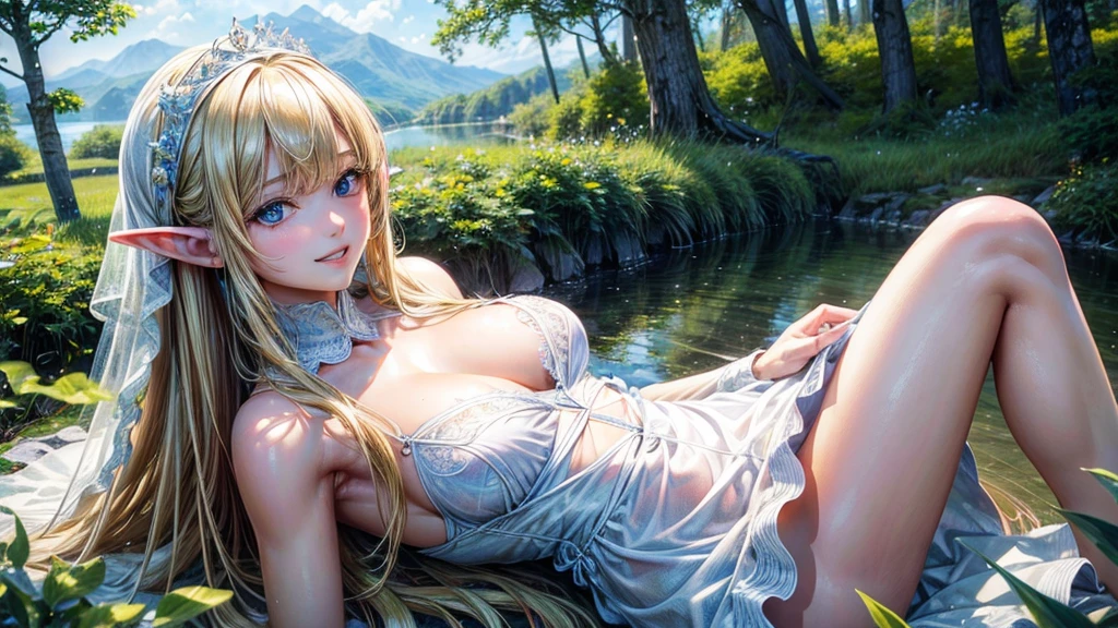 (masterpiece, Highest quality:1.3), (Super detailed:1.2),(Super detailedな顔:1.2),(Super detailedな目:1.2), (hyperRealistic:1.3), (RAW Photos:1.2), High-definition RAW color photos, Professional photos, (PhotoRealistic:1.4), (Realistic:1.4),8K,Professional Lighting, Perfect Anatomy,(Bright smile:1.2),High detail, Sharp focus,One Girl,(lake,forest:1.2),Elf,Long blonde hair,blue eyes,White dress,sitting