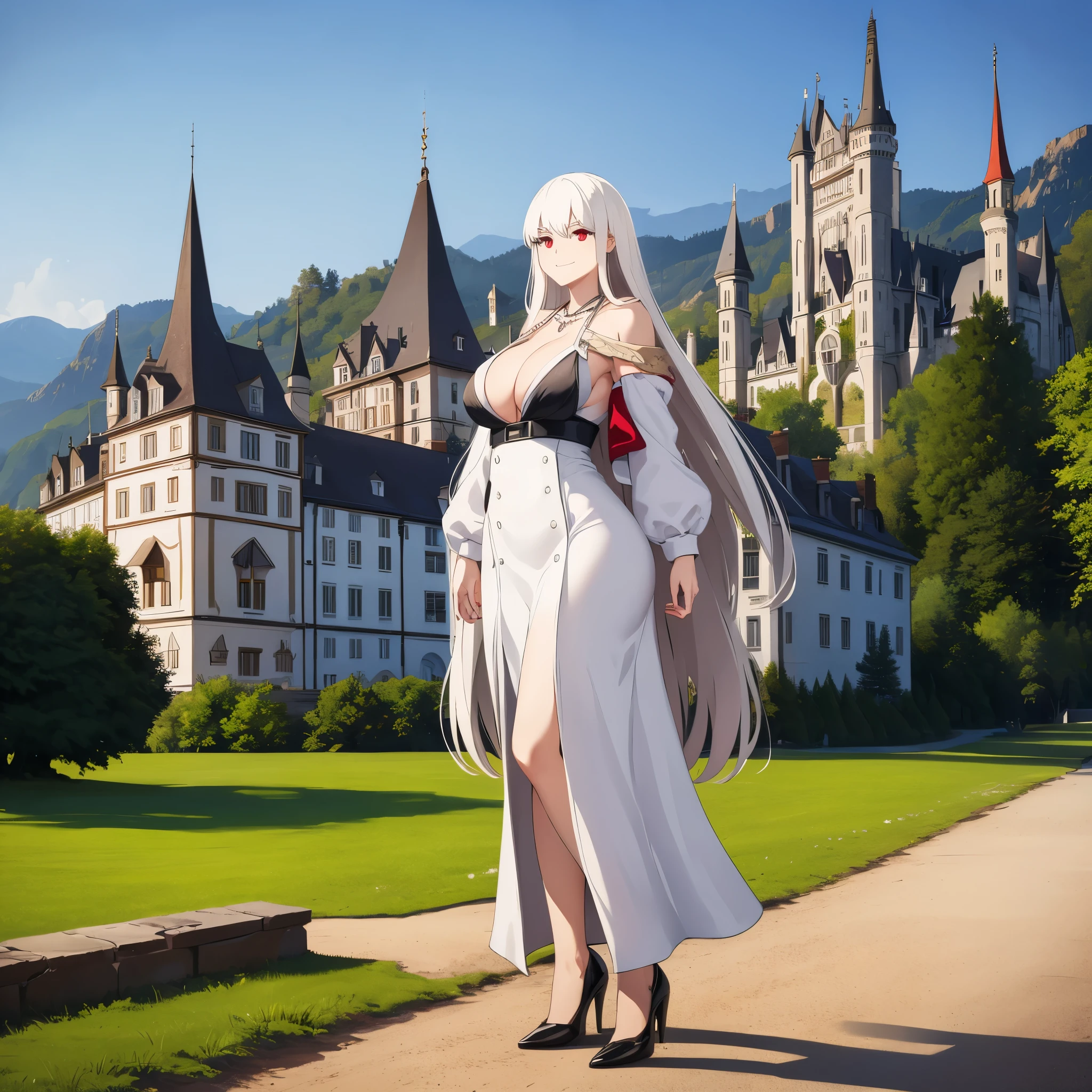 A woman wearing a white dress, shoulders exposed, iron ass on the dress,iron cross in hair, iron cross necklace white hair, long hair, red eyes, big breasts, smiling, standing upright, perfect face, perfect eyes, standing on a dirt floor with grass with some rocks, German castle in the background, daytime location,.HDR, ultra resolution, well defined, masterpiece, 8K HD. (solo woman)
