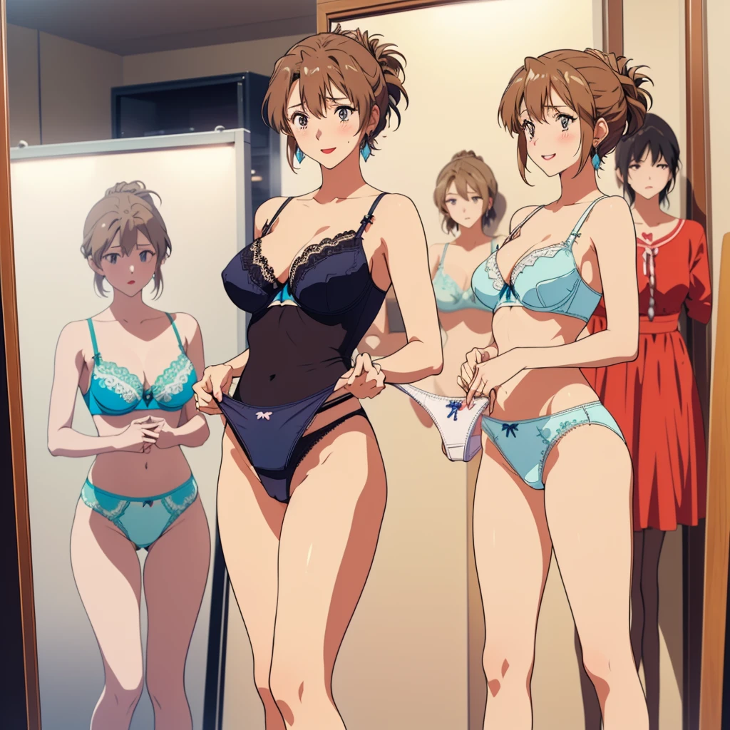 masterpiece, top quality, ultra detailed, ((((AIKA_SUMERAGI, folded ponytail, best anatomy, in underwear, (panties, elaborately designed luxury panties for adults, panties high definition images, draw panties with super precision), lace trimmed bra, extremely detailed texture, earrings, red lip, embarrassed, blush, smile)))), cowboy shot, (((underwear in dressing room))), white skin, (presenting panties), (display panties:1.5),holding panties with both hands