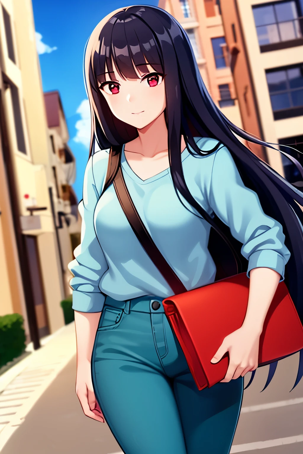 girl with red eyes long black hair surprised flying through the city skies with a guy with white eyes brown hair olive skin cyan shirt navy blue pants he is holding her anime