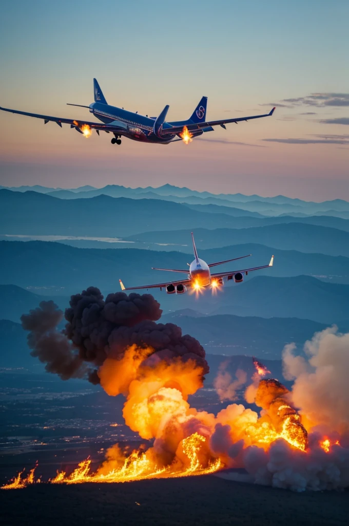  A plane in flight. with fire 