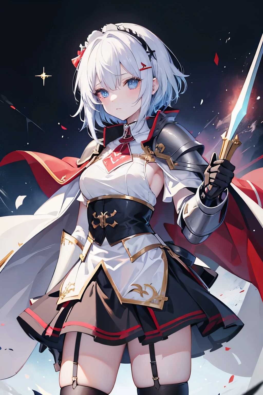 1girl, knights templar, anime maid, epic, (knights templar light armor), templar semi-armor, maid mini skirt, armor straps, tactical templar light semi-armor,shield, sword, knight templar,1girl, arrow_\(fire_Force\), blue_eyes, dinamyc_hair, short_hair, hair_clips, templar_knight_robes, cape, red_cross_on_chest, white_vest, pelvic_curtain, black_sleeves, gold_armour_