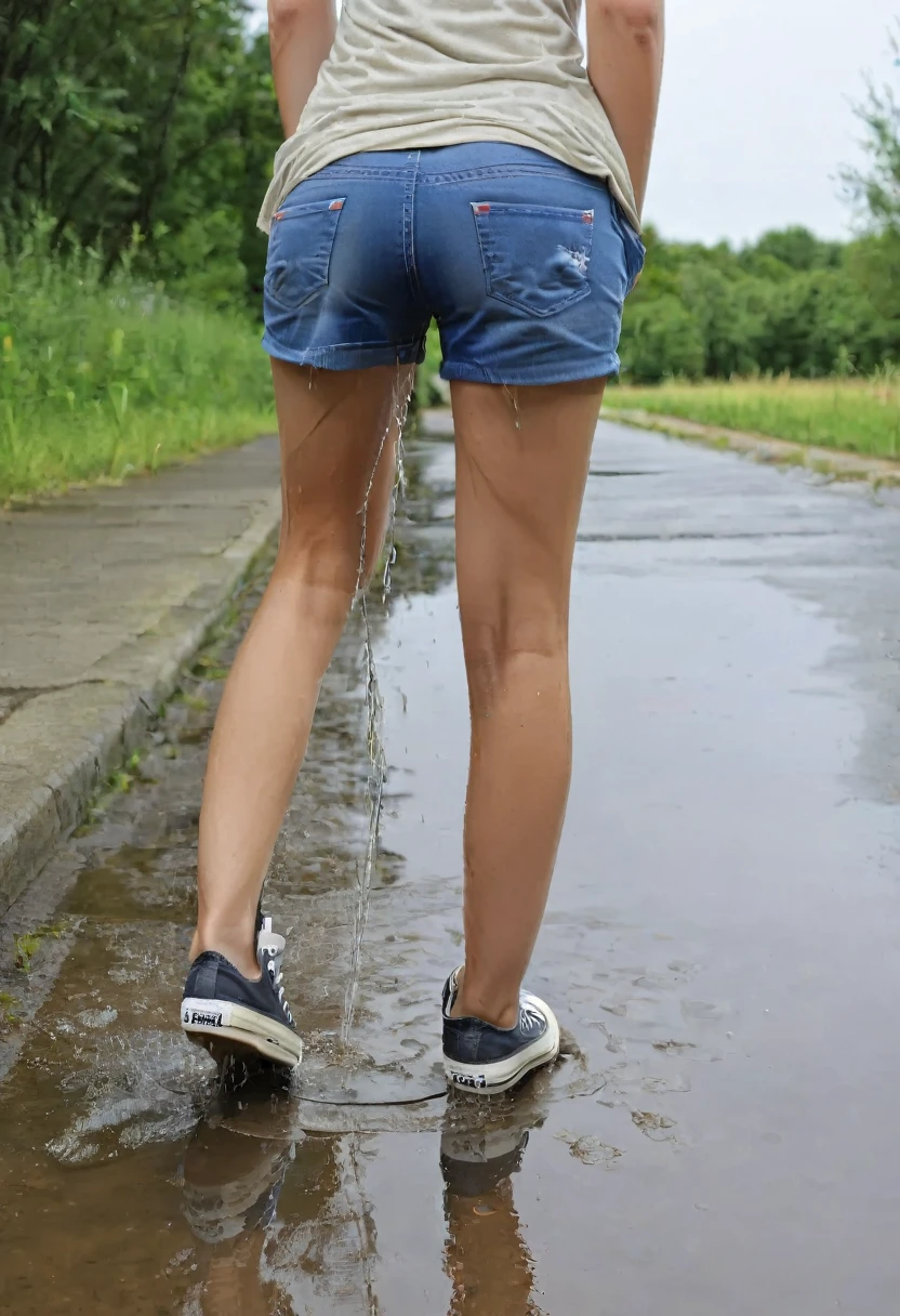 ((rear view)), blonde woman, blue eyes, looking over her shoulder, skinny jeans, converse chuck sneakers, tank top, peeing shorts, pee runs down legs into sneakers, pee puddles around sneakers, pee stains are gleaming wet, ((rear view)), sneakers are soaking wet