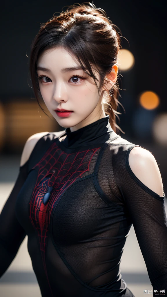 tmasterpiece,1 Korean girl,realisticlying,8K UHD,high high quality,in the background bokeh, spider-man black suit,Spidey,Clothes wrap around the whole body,Tight clothing,Abs contour,Short black hair,s the perfect face,shining face,Ultra-clear face,Elaborate Eyes,idoly