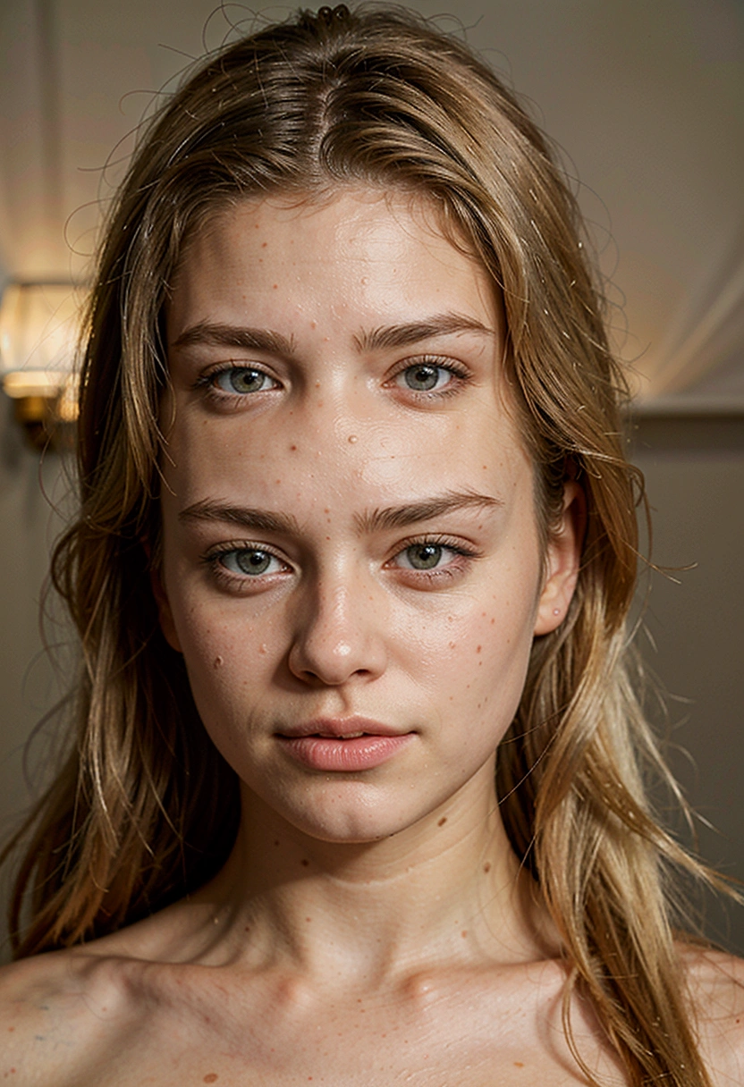  17 years old with long blonde hair (photorrealistic: 1.1) (bokeh) (best qualityer) (detailed texture of skin pores hair: 1.1) (intricate) (8K) (hdr) (wall-paper) (cinematic lighting) (sharp focus )in your room taking a selfie in the mirror