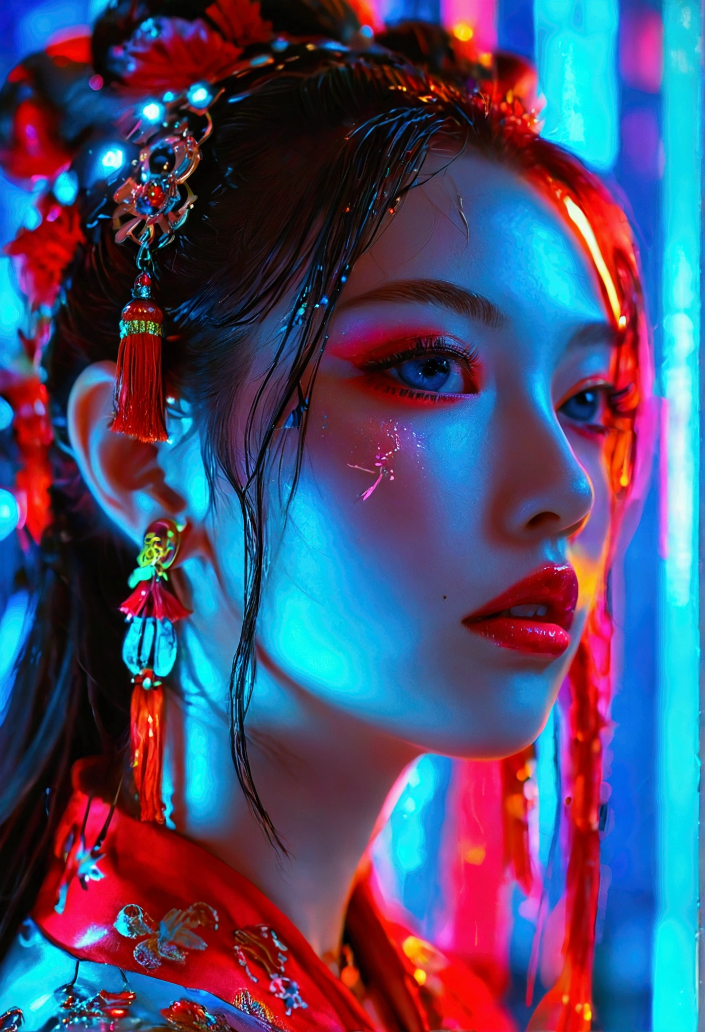 colorful,Neon Lights, cyber punkビューティー ,One girl ,artist name ,bangs, blue eyes, Mouth closed ,Earrings ,eyelash ,face, shineing ,Slope, Slope background ,hair ornaments ,Hairpin ,Hello ,jewelry ,lips ,Long Hair, View your viewers ,compensate ,mascara, Portraiture ,Simple Background ,alone, Tassel ,Upper Body ,cyber punk ,3d, Neon Light ,Gossip ,Tai Chi ,Future Technology, shine, shine effect ,High detail, Highest quality ,Clothing of the Tang Dynasty ,Hanfu ,Huadan ******* Opera