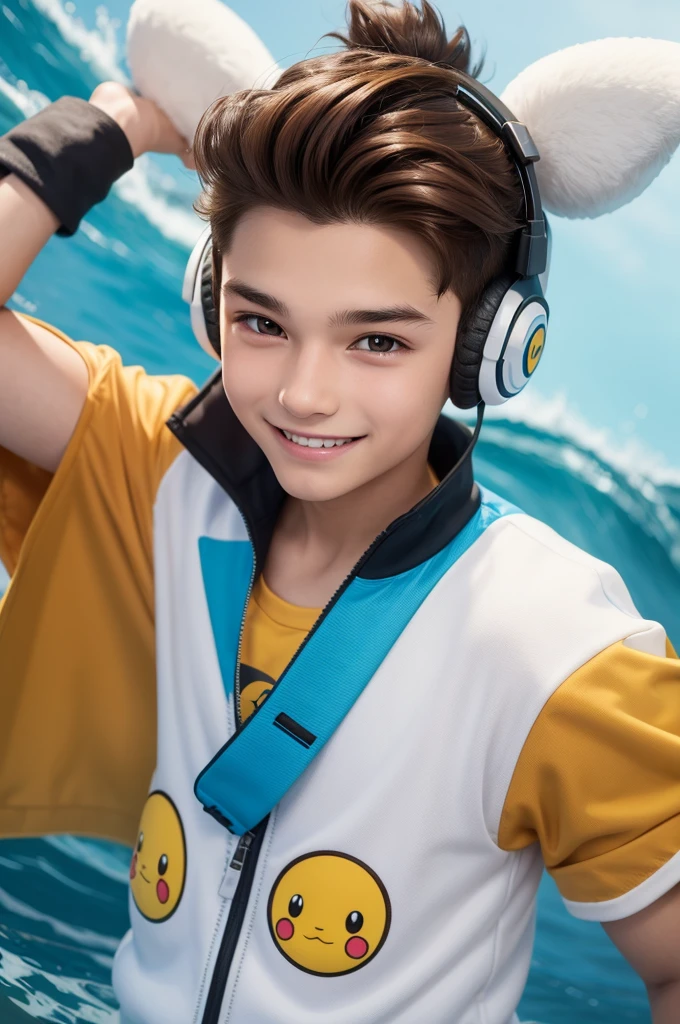 A 12-year-old ager with 3D cartoon character features,with brown hair and a quiff that looks like a wave,using a white headset,brown eyes smiling,with a Pokémon outfit and picachu background