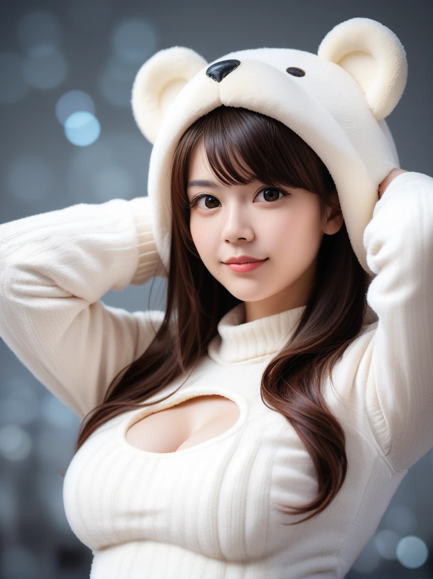 score_9, score_8_up, score_7_up,
best quality, masterpiece, realism, realistic, long sweater fursuit with bear costume, hands behind the head, breasts cutout,
analogue photo of adult girl in costume, looking at viewer, long hair, extremely beautiful detailed face, medium breasts, (cute face, temptations look), eye level,cleavage,
professional photo, high contrast exposure, soft bokeh, high key light, hard shadow, soft bokeh, playful theme,
