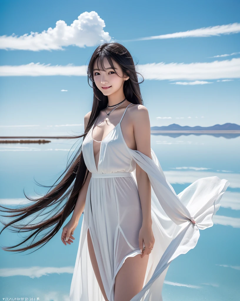 (Highest quality, 32k, High resolution, Masterpiece:1.5), marimo_jet, god々A photograph with brilliant dazzling and healing power., Evoking a sense of calm and elusive beauty, Expressing emotions, Have a rich imagination, Beautiful Japanese Girls, An exceptionally beautiful face, Small Face Beauty, , Perfect Human Anatomy, Magical big eyes, Motherhood and generosity, Deep Love, fleeting smile, Shiny black hair, Super long hair swaying in the wind, Asymmetrical bangs, Hair between the eyes, Transparent, soft white skin, Sharp eyebrows, Thin lashes, ((Natural Makeup:1.3)), White dress, High resolutionの完璧な鎖骨, High resolutionの美しい胸元, Slim figure with ample breasts, High resolutionの美しい太もも, ((Distant Horizon:1.5)), ((Salar de Uyuni stretches to the horizon:1.3)), ((The earth reflects the sky like a mirror:1.3)), Beautiful detailed blue sky, Professional photographer, Professional Lighting, Professional models