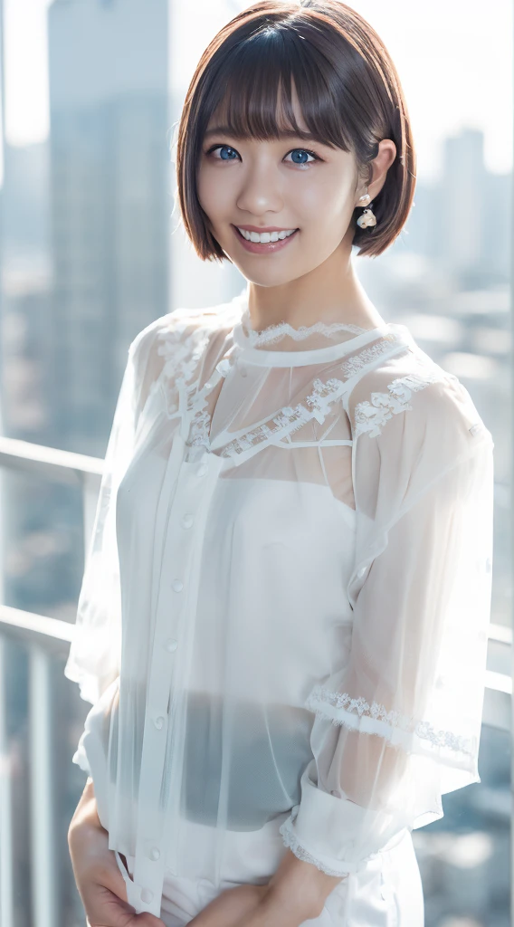 (nsfw:1.5),1girl, (white sheer blouse:1.6),(RAW photo, best quality), (realistic, photo-realistic:1.8), masterpiece, an extremely delicate and beautiful, extremely detailed, 2k wallpaper, Amazing, finely detail, extremely detailed CG unity 8k wallpaper, ultra-detailed, highres, soft light, beautiful detailed girl, extremely detailed eyes and face, beautiful detailed nose, beautiful detailed eyes,cinematic lighting,(in the city:2.0),perfect anatomy,(slender body:1.6),(close up face:2.0),(laugh,friendly, warm:1.8),(looking at viewer:2.0),(young japanese idol:1.8),(wavy short brown hair:1.8), (brown eyes:1.8), (cleavage:1.4),