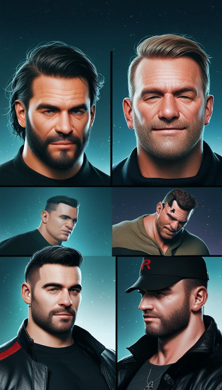 (Karl Urban:1.5), Based on William "Billy" Butcher, from the series The Boys, medium black hair, Muscle, Cyberpunk Style, night background, naughty smile, big beard, messy hair, black clothes, portrait, Comic Art Style