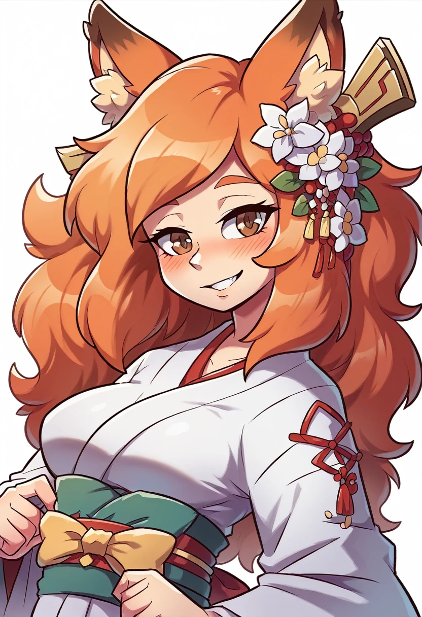 masterpiece, Highest quality, Very detailed, One girl, alone, (:3:0.9), Animal earsの毛, Animal ears, Orange Hair, Fluffy hair, blush, Brown eyes, flower, Fox Ears, Fox Girl, Slope, Slope background, hair flower, hair ornaments, kimono, kimono, View your viewers, Shrine maiden, smile, alone, white kimono, Beautiful lighting