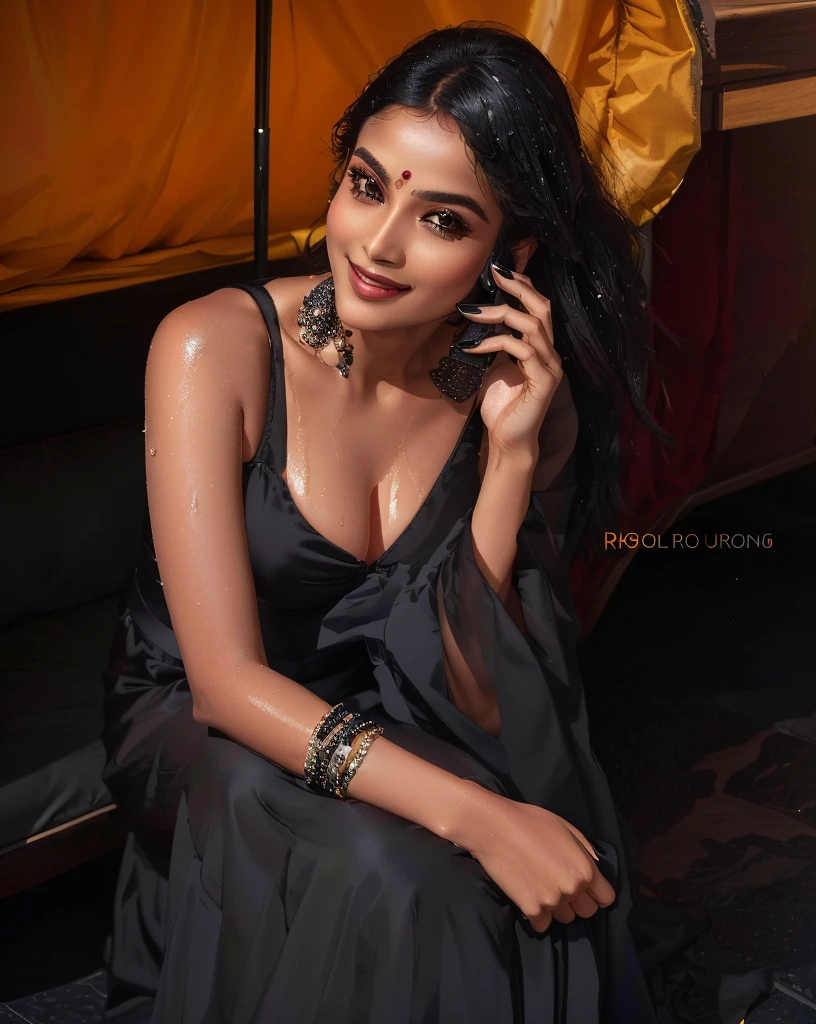 araffe woman in a black dress talking on a cell phone, black jewellery, candid!! dark background, inspired by T. K. Padmini, with a seductive smile, candid picture, very seductive pose, stunning elegant pose, taken with a canon eos 5d, taken with a canon eos 5 d, traditional beauty, candid photography, big , cleavage show, full wet body