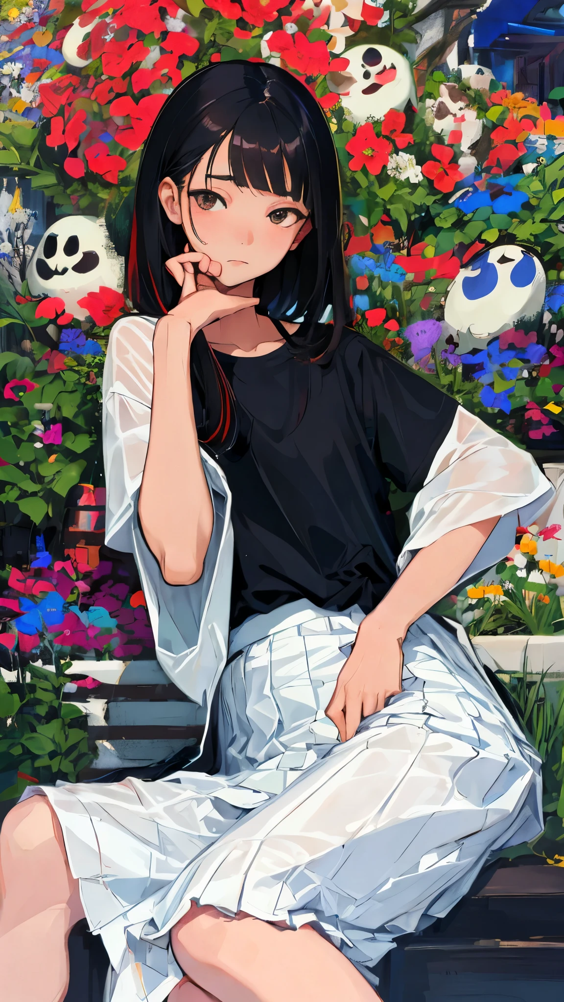 (child),highest quality,Beautiful face in every detail,cute,Dark brown eyes,(背の低いcute女の子,Small young student,Young delicate girl),(masterpiece,Top quality),Black Hair,Sleepy expression,Short sleeve white shirt,Colorful checked skirt