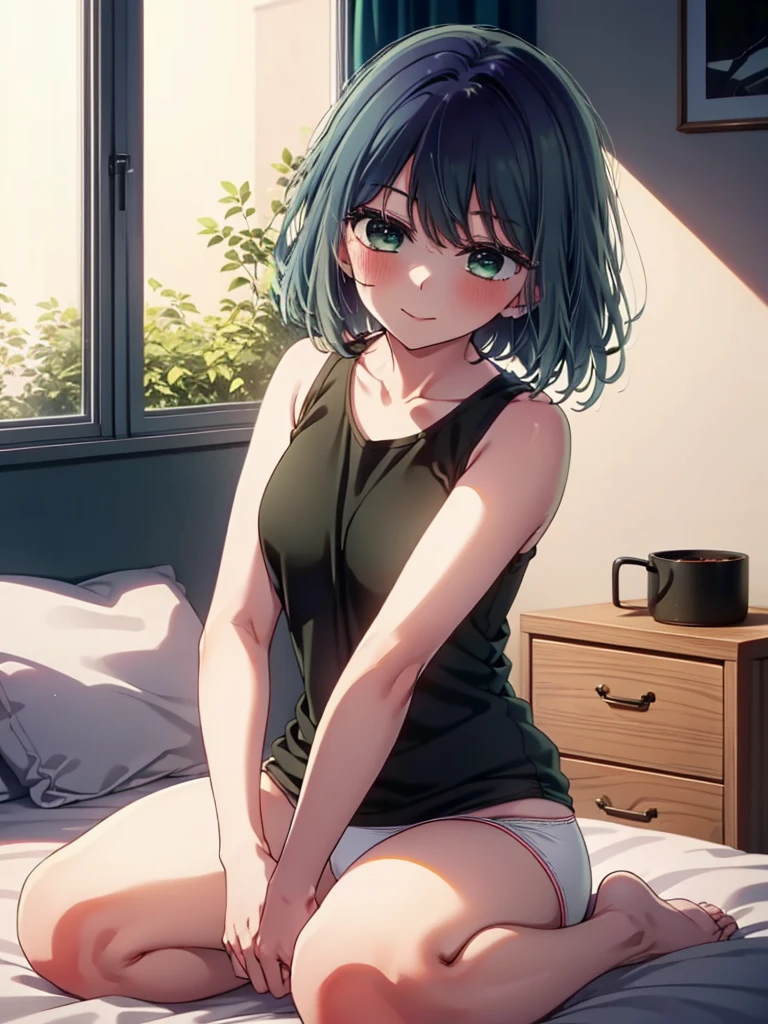 akanekurokawa, akane kurokawa, bangs, (Green Eyes:1.3), Blue Hair, Long Hair, dark Blue Hair,Black Tank Top,purple string underwear,barefoot,Sitting on the bed,Sleepy eyes,smile,blush,morning,morning陽,The sun is rising,whole bodyがイラストに入るように,
break indoors, Bedroom,
break looking at viewer,whole body,(Cowboy Shot:1. 5) 
break (masterpiece:1.2), Highest quality, High resolution, unity 8k wallpaper, (figure:0.8), (Beautiful attention to detail:1.6), Highly detailed face, Perfect lighting, Highly detailed CG, (Perfect hands, Perfect Anatomy),