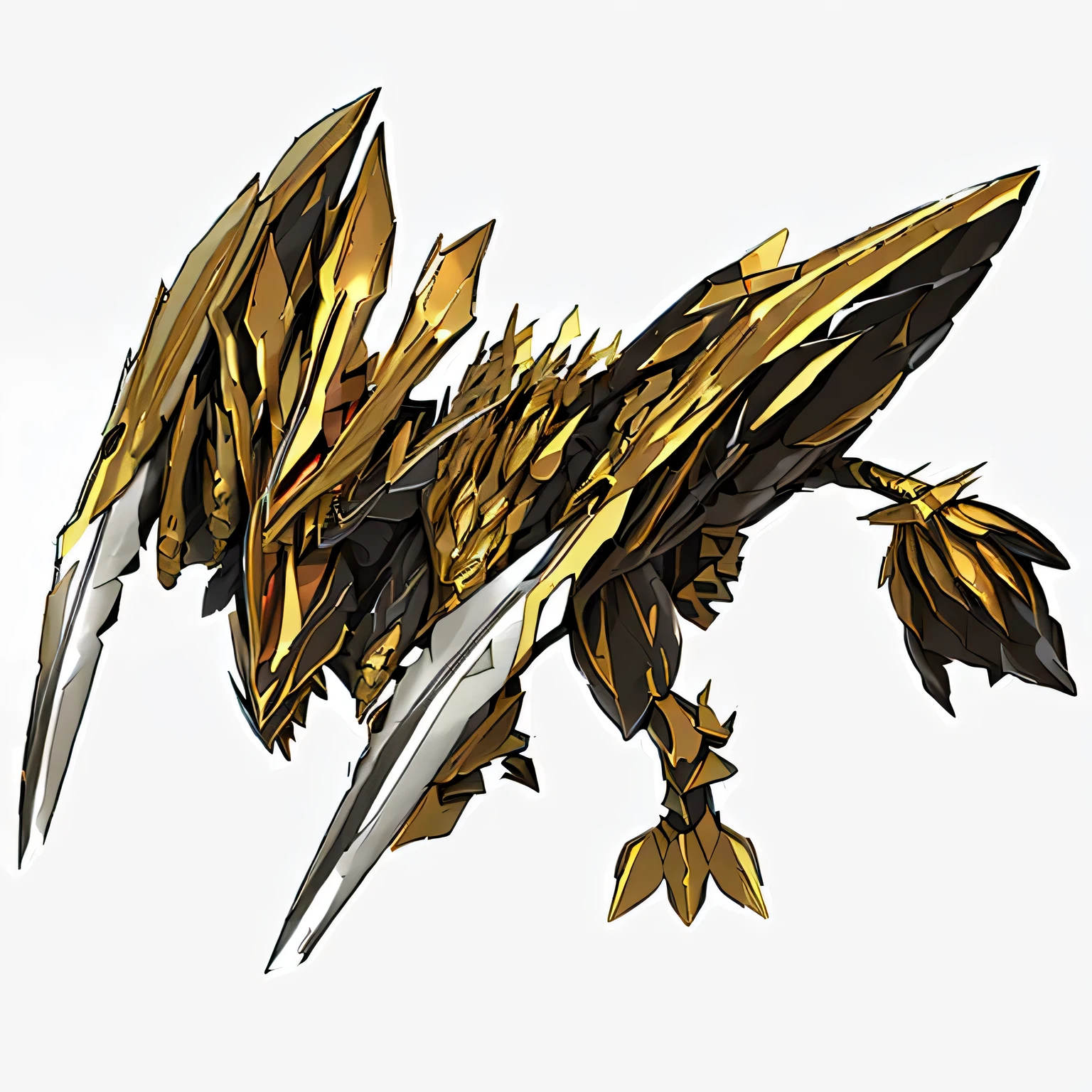 a close up of a dragon with a sword and a large blade, well armored mech dragon, gungnir, concept art of omegamon, legendary dragon, gilgamesh, sharp robot dragon claws, dragon ancient full plate armor, monster doré, zoids art, mystical anubis valkyrie, official art, drachenlord, golden and copper shining armor