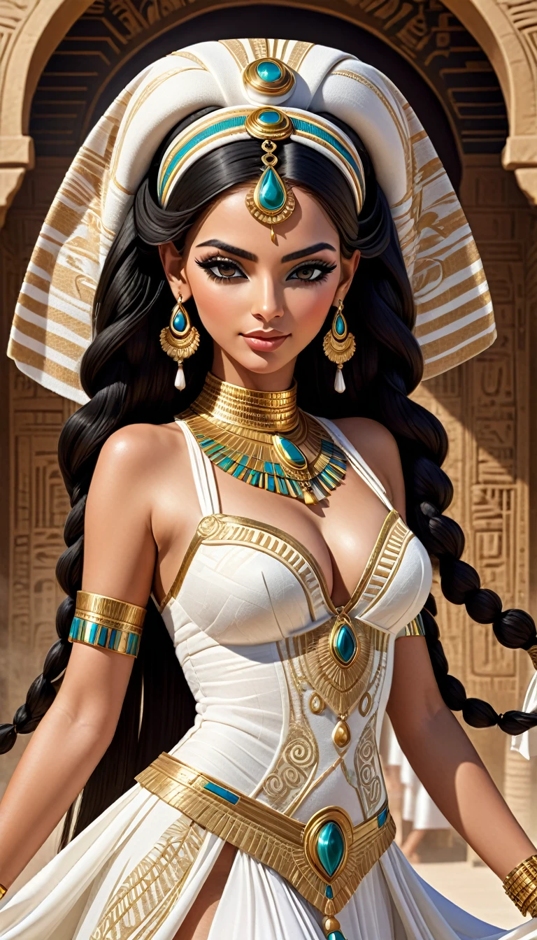 A uniquely crafted woolen threads basty Artwork depicting an attractive beautiful Egyptian wearing wedding dress unbuttoned, very very long pigtails hair, The detailed design incorporates swirling patterns and hard edges, giving the piece a distinct and artistic flair, adding a action and inviting touch to the overall composition., photo, illustration, 3d render, typography, poster, perfect body, perfect lips, amazing, hot summer time, named "Allergina"
