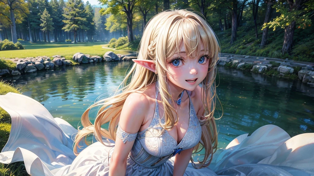 (masterpiece, Highest quality:1.3), (Super detailed:1.2),(Super detailedな顔:1.2),(Super detailedな目:1.2), (hyperRealistic:1.3), (RAW Photos:1.2), High-definition RAW color photos, Professional photos, (PhotoRealistic:1.4), (Realistic:1.4),8K,Professional Lighting, Perfect Anatomy,(Bright smile:1.2),High detail, Sharp focus,One Girl,(lake,forest:1.2),Elf,Long blonde hair,blue eyes,White dress,(running:1.2)