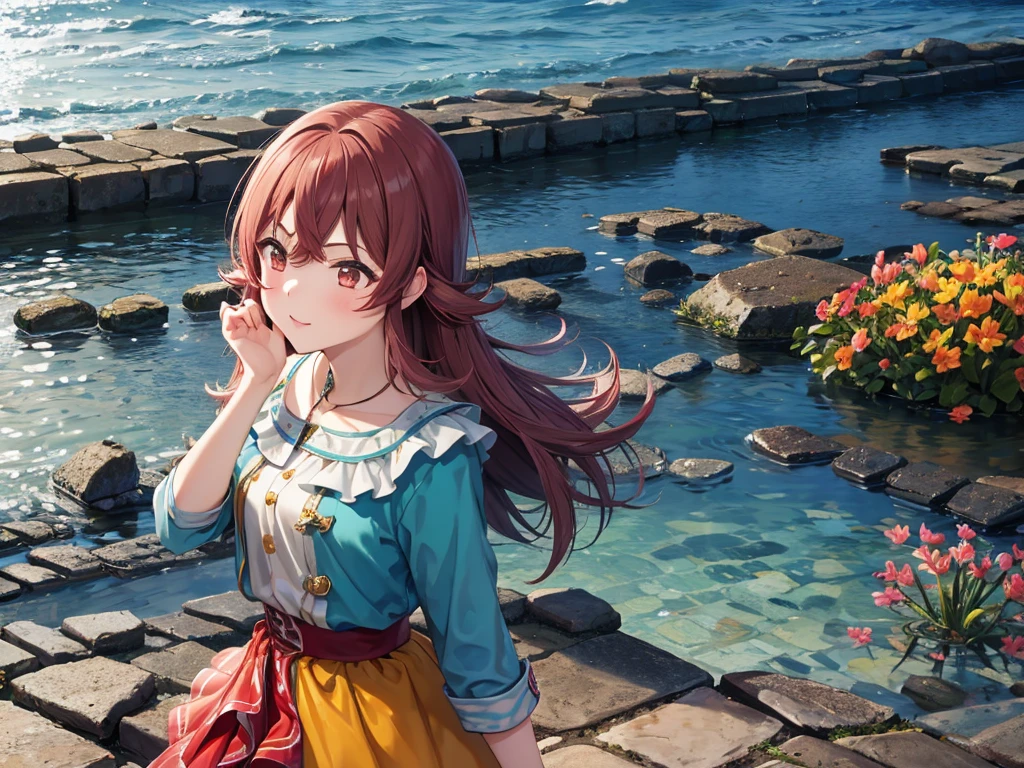 masterpiece, Highest quality, (1 beautiful girl :1.2), Straight hair, Fishtail Braid, 24-years-old, Medium chest, Standard weight,  close your eyes, dissatisfaction:1.3, clown clothes, Lakeside、Perplexed attitude、Cobblestone cityscape