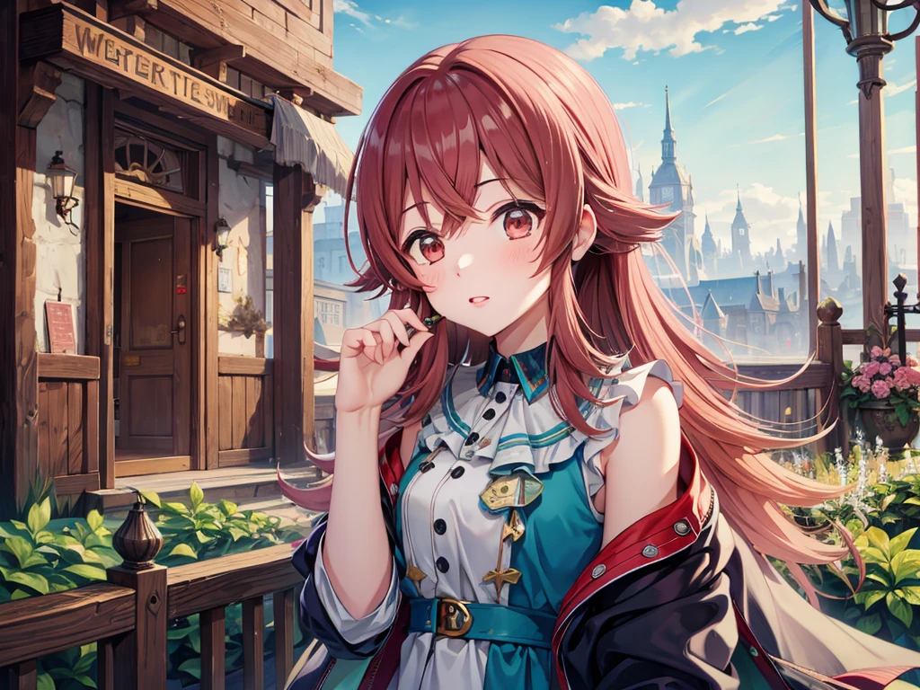 masterpiece, Highest quality, (1 beautiful girl :1.2), Straight hair, Fishtail Braid, 24-years-old, Medium chest, Standard weight,  close your eyes, dissatisfaction:1.3, clown clothes, Lakeside、Perplexed attitude、Cobblestone cityscape