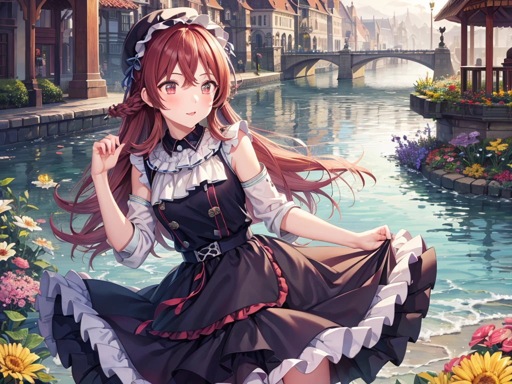 masterpiece, Highest quality, (1 beautiful girl :1.2), Straight hair, Fishtail Braid, 24-years-old, Medium chest, Standard weight,  close your eyes, dissatisfaction:1.3, clown clothes, Lakeside、Perplexed attitude、Cobblestone cityscape
