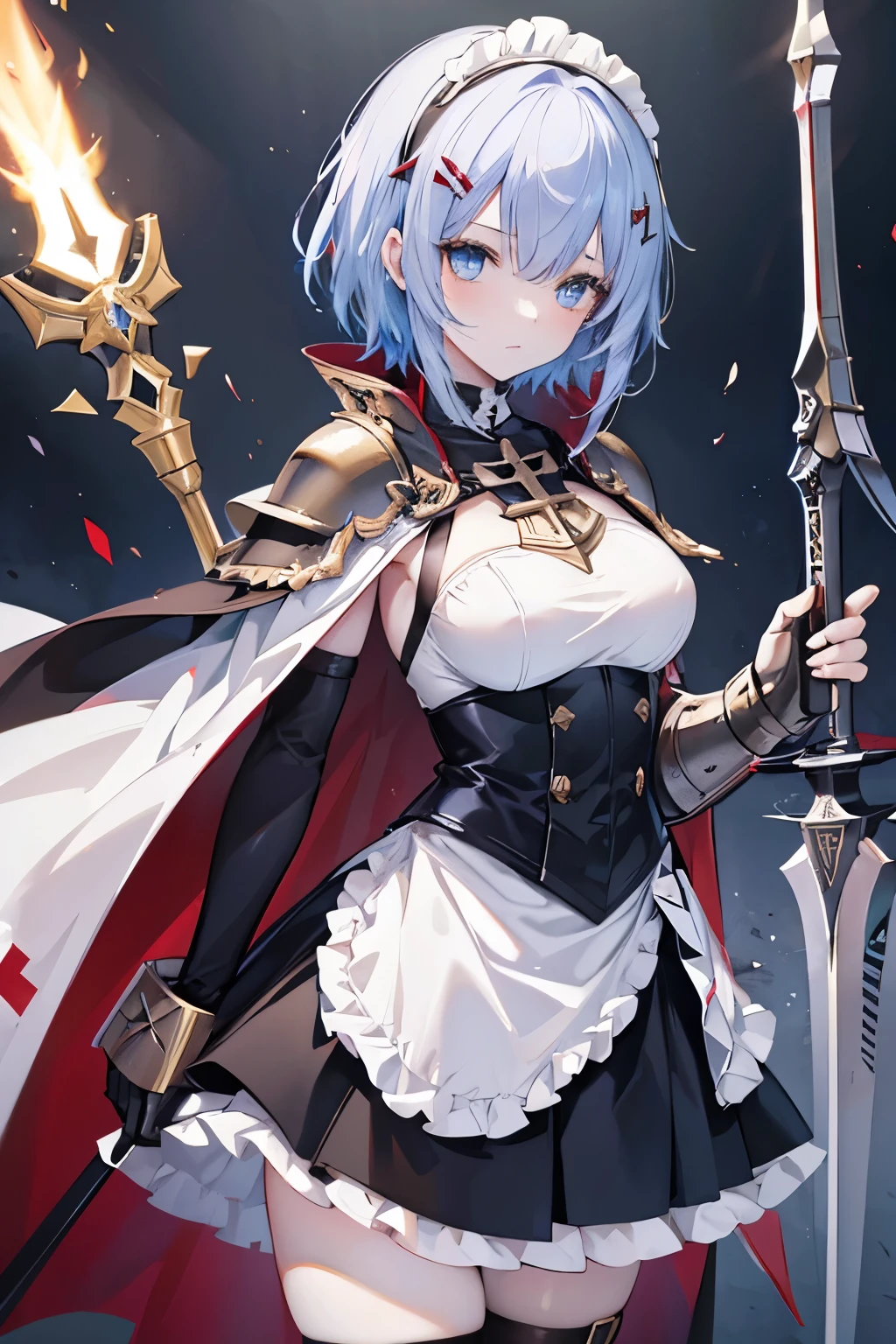 1girl, knights templar, anime maid, epic, (knights templar light armor), templar semi-armor, maid mini skirt, armor straps, tactical templar light semi-armor,shield, sword, knight templar,1girl, arrow_\(fire_Force\), blue_eyes, dinamyc_hair, short_hair, hair_clips, templar_knight_robes, cape, red_cross_on_chest, pelvic_curtain, black_sleeves, gold_armour_