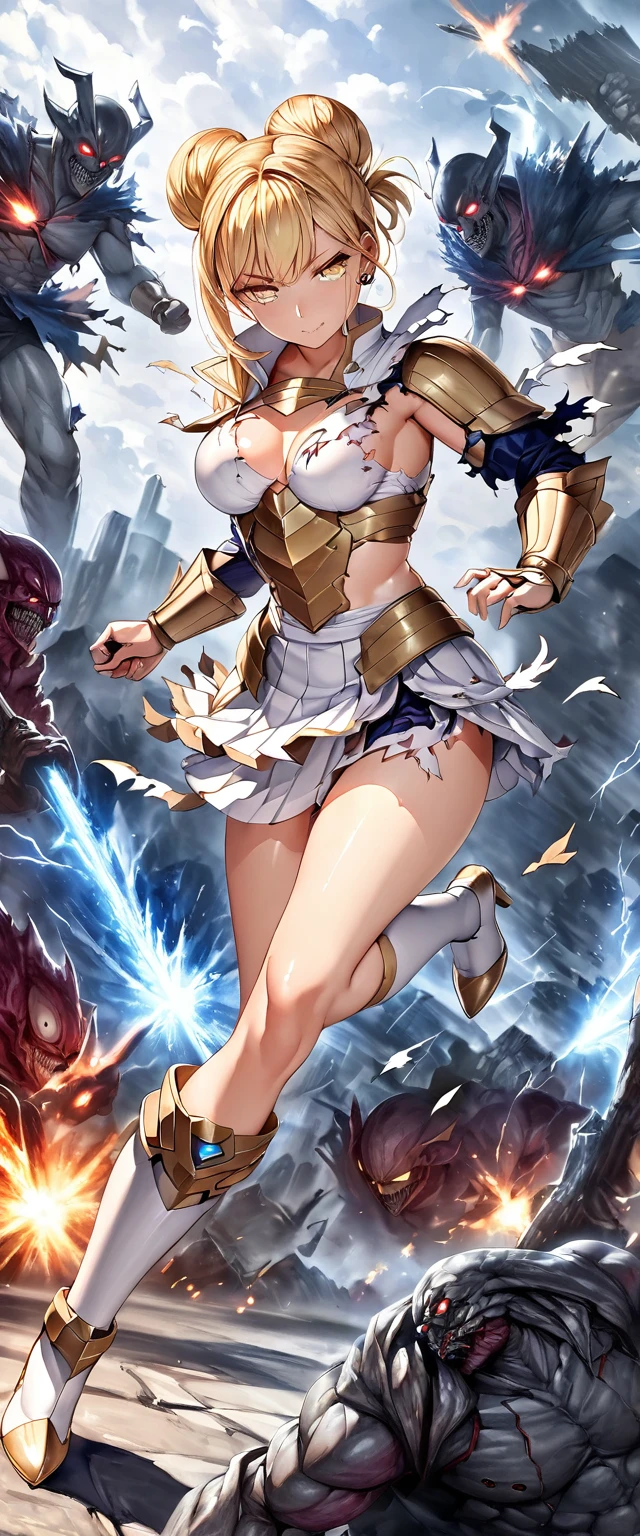 (Perfect Anatomy)、Mastepiece、Ultra High Quality、 8K、masterpiece、Highest quality、Ultra-high resolution、Maximum resolution、Very detailed、Professional Lighting、anime、woman、thin、so beautiful、Highly detailed eye、Highly detailed face、Golden earrings、Blonde, hair bun, Yellow Eyes、Mid-chest, goddess armor, white open mini skirt , full body, gold pattern, white super long boots, white long gloves, female martial artist, high heels, white clawed gauntlets, white cute headgear, fighting stance, gold knee armor, glowing eyes, ((Spinning kick)), fighter, fighting, (torn clothes:1.9), (Monsters attack:1.8)