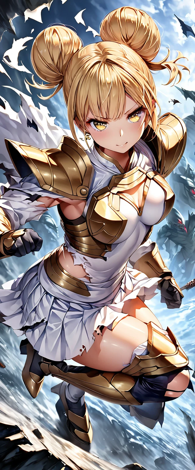 (Perfect Anatomy)、Mastepiece、Ultra High Quality、 8K、masterpiece、Highest quality、Ultra-high resolution、Maximum resolution、Very detailed、Professional Lighting、anime、woman、thin、so beautiful、Highly detailed eye、Highly detailed face、Golden earrings、Blonde, hair bun, Yellow Eyes、Mid-chest, goddess armor, white open mini skirt , full body, gold pattern, white super long boots, white long gloves, female martial artist, high heels, white clawed gauntlets, white cute headgear, fighting stance, gold knee armor, glowing eyes, ((Spinning kick)), fighter, fighting, (torn clothes:1.9), (Monsters attack:1.8)