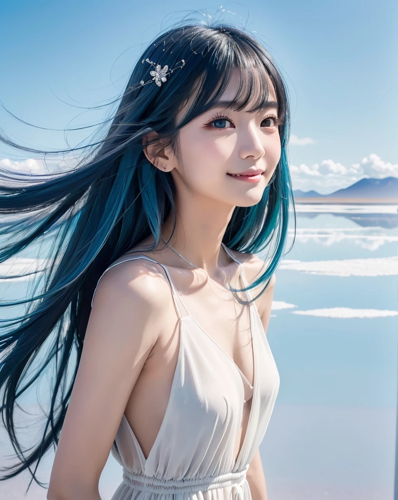 (Highest quality, 32k, High resolution, Masterpiece:1.5), marimo_jet, god々A photograph with brilliant dazzling and healing power., Evoking a sense of calm and elusive beauty, Expressing emotions, Have a rich imagination, Beautiful Japanese Girls, An exceptionally beautiful face, Small Face Beauty, , Perfect Human Anatomy, Magical big eyes, Motherhood and generosity, Deep Love, fleeting smile, Shiny light blue hair, Super long hair swaying in the wind, Asymmetrical bangs, Hair between the eyes, Transparent, soft white skin, Sharp eyebrows, Thin lashes, ((Natural Makeup:1.3)), White dress, High resolutionの完璧な鎖骨, High resolutionの美しい胸元, Slim figure with ample breasts, High resolutionの美しい太もも, ((Distant Horizon:1.5)), ((Salar de Uyuni stretches to the horizon:1.3)), ((The earth reflects the sky like a mirror:1.3)), Beautiful detailed blue sky, Professional photographer, Professional Lighting, Professional models