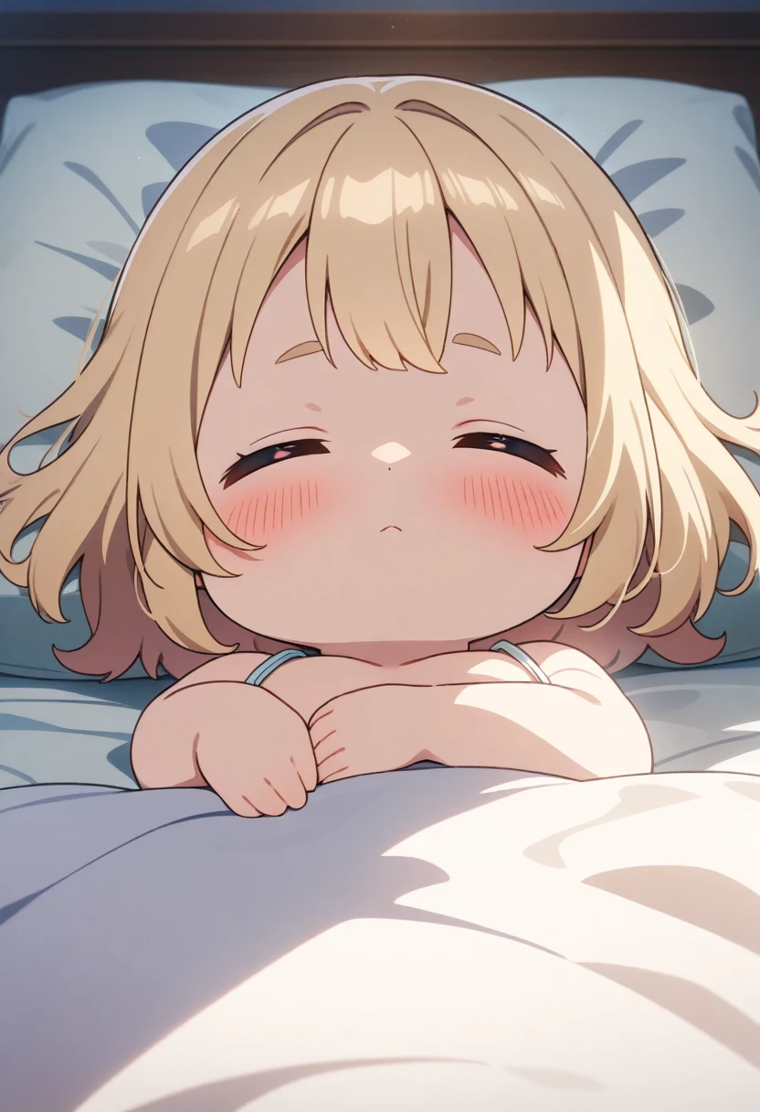 (masterpiece, 2D anime:1.2), (best quality:1.2), (very aesthetic:1.2), (absurdres:1.2), (detailed background),newest, upper body shot, (8yo kawaii petit little toddler, natural face:1.5) (lying and sleeping on the bed:1.3), head on the pillow, (see-through casual camisole on topless, no bra:1.3), white glowing skin, super micro thong, crotch, (perfect closed eyes, expressionless with blush cheeks:1.2), (childish body, light beige medium hair:1.3), cozy room interior, room lighting, centered composition