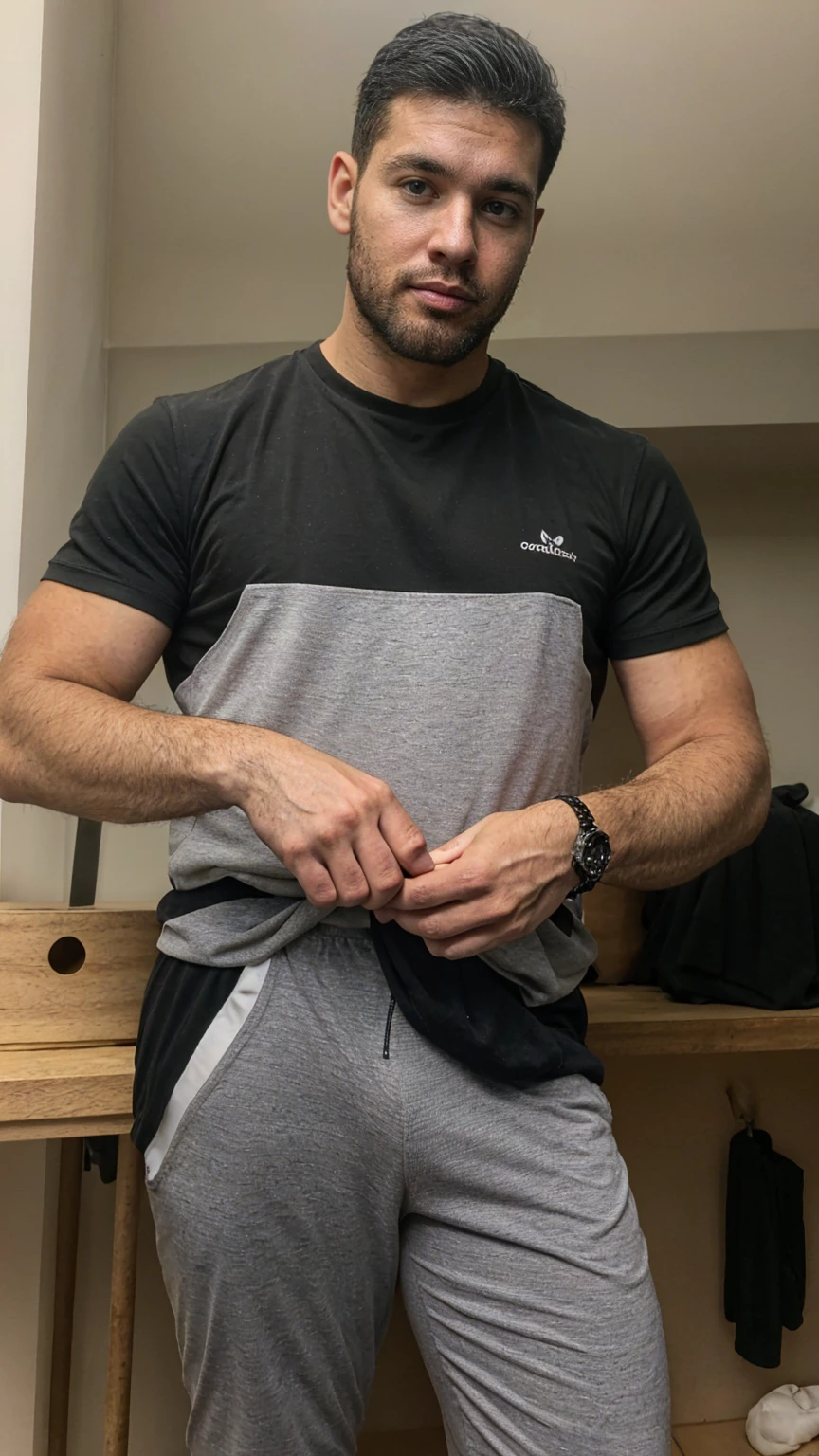 Real image of a latin model man with short black hair athletic body, short beard, with a black shirt and white pants, Sewing on a sewing machine
