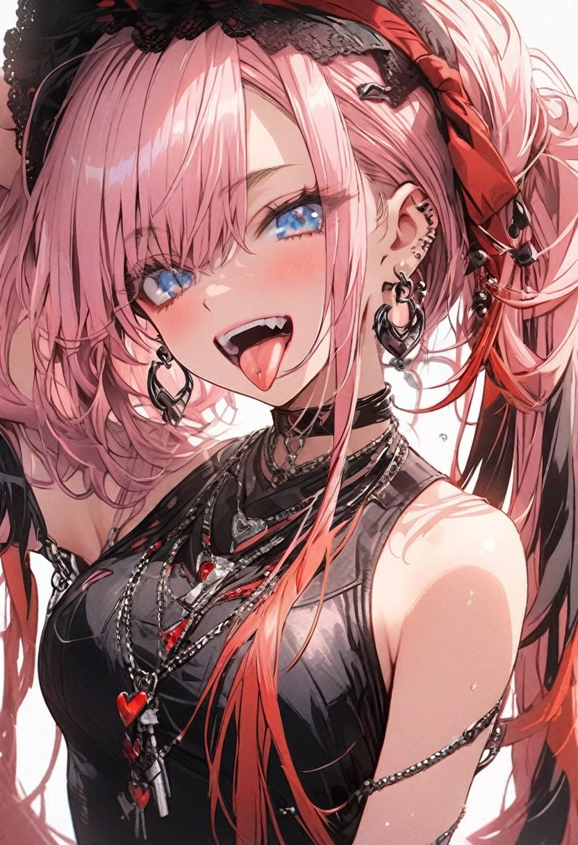 , tongue,Gal,Earrings,red、Pink Hair、blue eyes