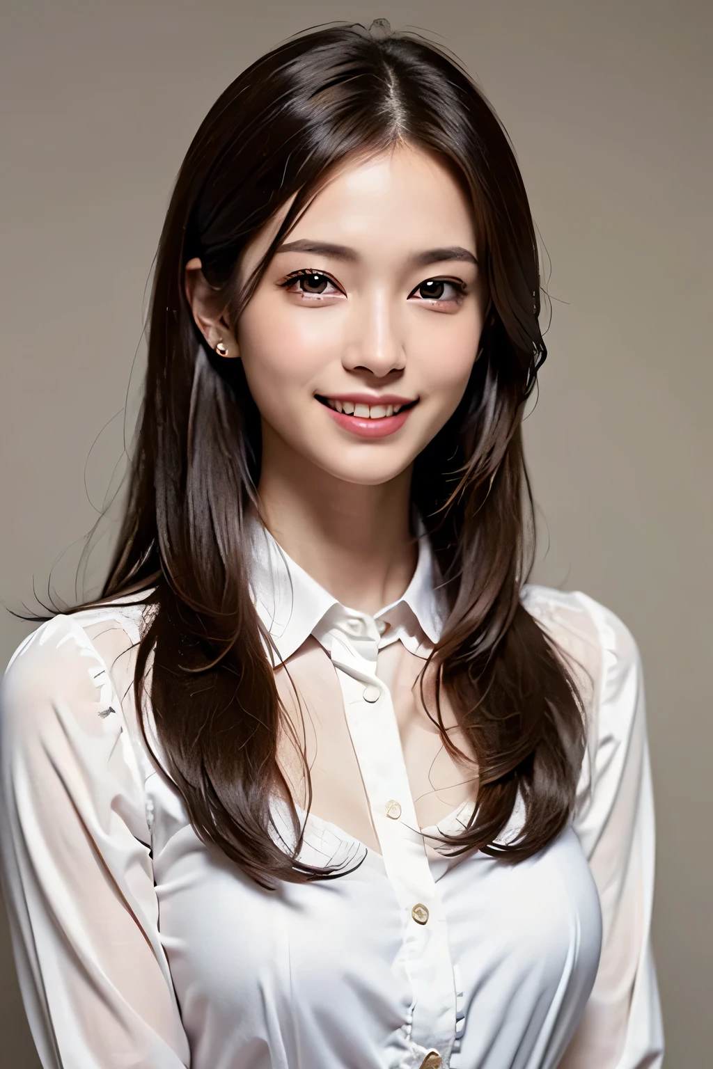 ((masterpiece)), ((Highest quality)), ((Complex)), ((Surreal)), (Realistic), (Mature Woman), ((There are no classes)), Very detailed, (1 female), Beautiful and exquisite, (Beautiful Teeth), Grin, Brunette Bob Hair, Brown eyes, ((blouse)), (Upper Body), (background:none), Perfect Eyes, Captivating eyes, Looking at the audience