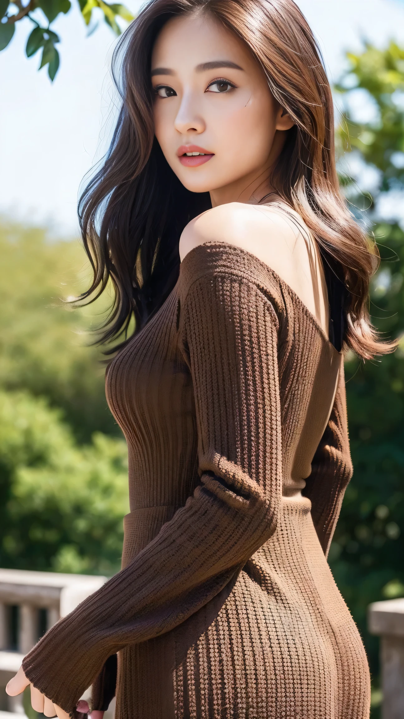 Dark brown hair、Light brown eyes、Japanese actress face、 Lady、face of about 25 years old.、(Intricate details:1.2)、(Highest quality:1.4)、 (Ultra-high resolution:1.2)、Ultra-high resolution、(Detailed eyes)、(Detailed facial features)、Hmph、8K resolution、D cup size breasts、、Turn your ass to me、I'm wearing a long skirt.、Hair length、Dubai night view、Dubai night view can be seen in the background、While watching the wonderful night view、Looking back, a beautiful night view、Setup Fashion、