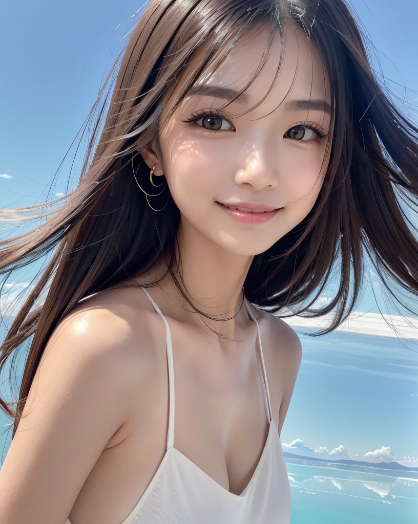 (Highest quality, 32k, High resolution, Masterpiece:1.5), marimo_jet, god々A photograph with brilliant dazzling and healing power., Evoking a sense of calm and elusive beauty, Expressing emotions, Have a rich imagination, Beautiful Japanese Girls, An exceptionally beautiful face, Small Face Beauty, , Perfect Human Anatomy, Magical big eyes, Motherhood and generosity, Deep Love, fleeting smile, Shiny black hair, Super long hair swaying in the wind, Asymmetrical bangs, Hair between the eyes, Transparent, soft white skin, Sharp eyebrows, Thin lashes, ((Natural Makeup:1.3)), White dress, High resolutionの完璧な鎖骨, High resolutionの美しい胸元, Slim figure with ample breasts, High resolutionの美しい太もも, ((Distant Horizon:1.5)), ((Salar de Uyuni stretches to the horizon:1.3)), ((The earth reflects the sky like a mirror:1.3)), Beautiful detailed blue sky, Professional photographer, Professional Lighting, Professional models