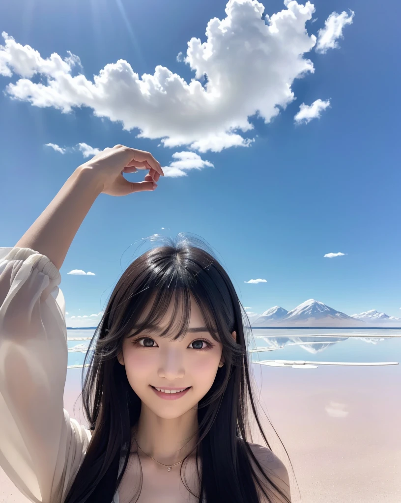 (Highest quality, 32k, High resolution, Masterpiece:1.5), marimo_jet, god々A photograph with brilliant dazzling and healing power., Evoking a sense of calm and elusive beauty, Expressing emotions, Have a rich imagination, Beautiful Japanese Girls, An exceptionally beautiful face, Small Face Beauty, , Perfect Human Anatomy, Magical big eyes, Motherhood and generosity, Deep Love, fleeting smile, Shiny black hair, Super long hair swaying in the wind, Asymmetrical bangs, Hair between the eyes, Transparent, soft white skin, Sharp eyebrows, Thin lashes, ((Natural Makeup:1.3)), White dress, High resolutionの完璧な鎖骨, High resolutionの美しい胸元, Slim figure with ample breasts, High resolutionの美しい太もも, ((Distant Horizon:1.5)), ((Salar de Uyuni stretches to the horizon:1.3)), ((The earth reflects the sky like a mirror:1.3)), Beautiful detailed blue sky, Professional photographer, Professional Lighting, Professional models