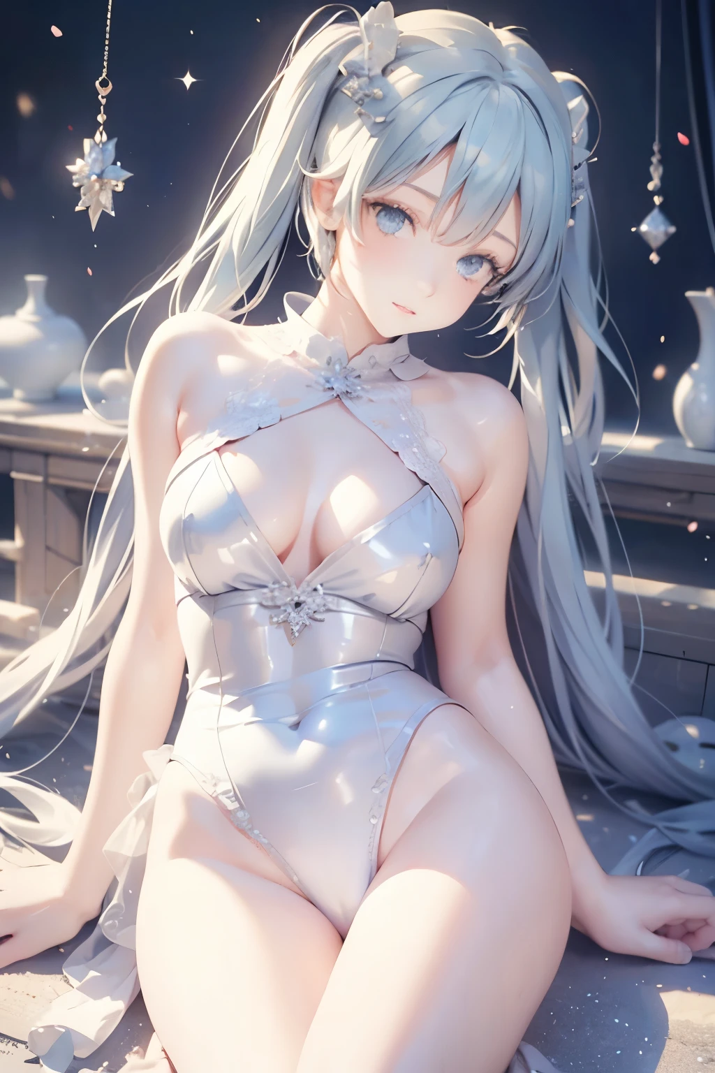 see through,Beautiful and fair、Radiant Skin, 3 Up, Gorgeous, bright, Refreshing and gentle expression, Perfect beautiful face、Beautiful shiny bangs, A very beautiful 17 year old girl, Eyeliner, Very perfect eyes,Very large breasts,Grooves reveal original skin,Muscular body,White lace underwear,Hatsune Miku