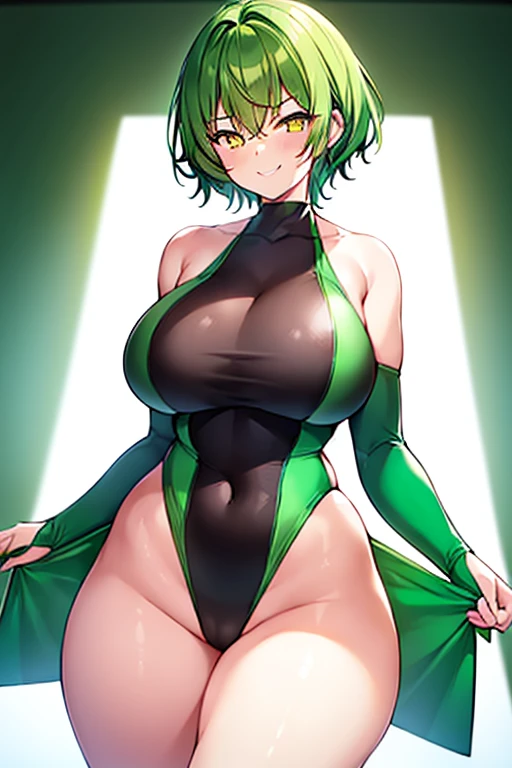 1girl, large breasts, wide hips, thick thighs, green hair, very short hair, yellow eyes, smirk, smug, smile, one-piece swimsuit, competition swimsuit, black swimsuit, pool, sleeves, long sleeves, green trim, green trim, bare legs, neon trim, neon, tech, towel
