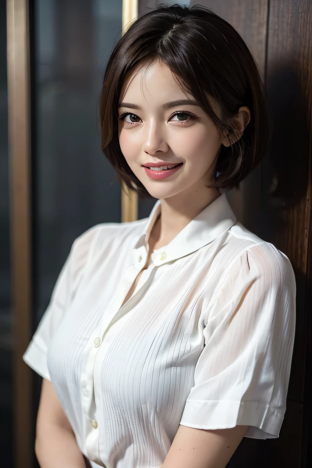 ((masterpiece)), ((Highest quality)), ((Complex)), ((Surreal)), (Realistic), (Mature Woman), ((There are no classes)), Very detailed, (1 female), Beautiful and exquisite, (Beautiful Teeth), Grin, Brunette Bob Hair, Brown eyes, ((blouse)), (Upper Body), (background:none), Perfect Eyes, Captivating eyes, Looking at the audience