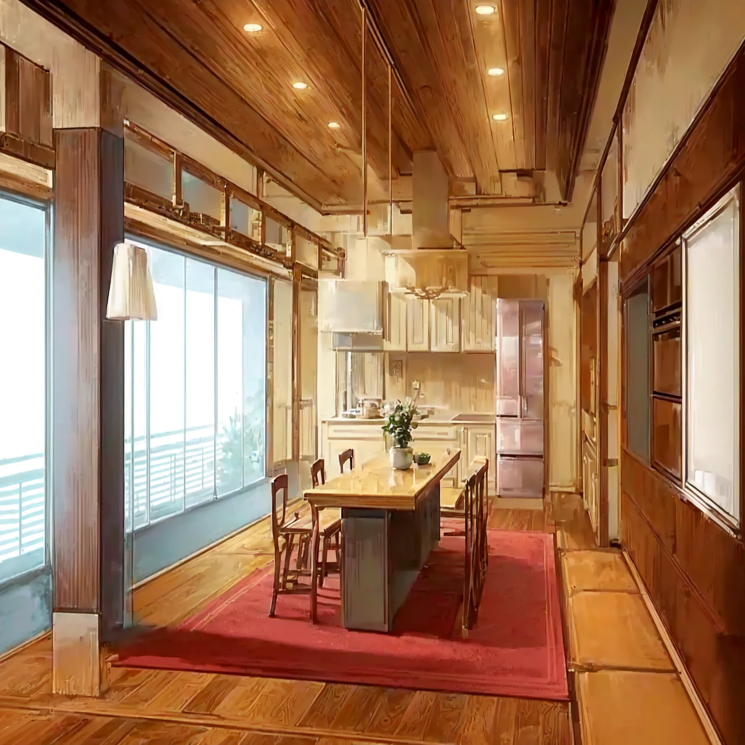 There is a drawing of a kitchen and dining room in a house, anime art background, interior art background, madhouse studio anime style, animated landscape conceptual art, animated background, cozy home background, 3d realistic anime style, personal room background, conceptual art. 8 thousand, art background, house interior, beautiful animated landscape, animated landscape