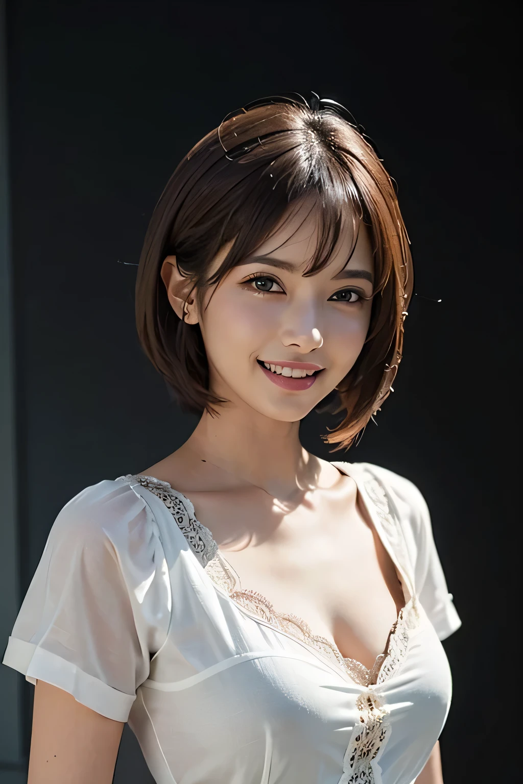 ((masterpiece)), ((Highest quality)), ((Complex)), ((Surreal)), (Realistic), (Mature Woman), ((There are no classes)), Very detailed, (1 female), Beautiful and exquisite, (Beautiful Teeth), Grin, Brunette Bob Hair, Brown eyes, ((blouse)), (Upper Body), (background:none), Perfect Eyes, Captivating eyes, Looking at the audience