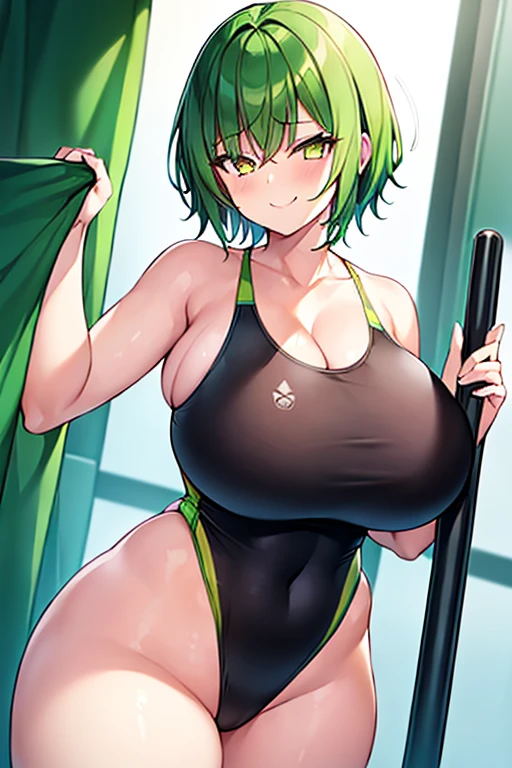 1girl, large breasts, wide hips, thick thighs, green hair, very short hair, yellow eyes, smirk, smug, smile, one-piece swimsuit, competition swimsuit, black swimsuit, pool, sleeves, long sleeves, green trim, green trim, bare legs, neon trim, neon, tech, towel