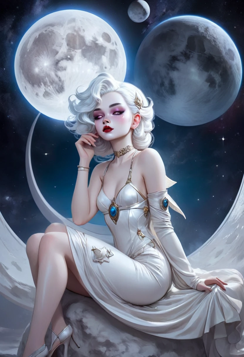 full body front view professional photostwo goddess of the moon a woman with pale white skin and glossy lips and full lashes makeup done with white pale hair in a white goddess outfits sitting on the moon a pretty head piece in space holding a planet and kissing the planet