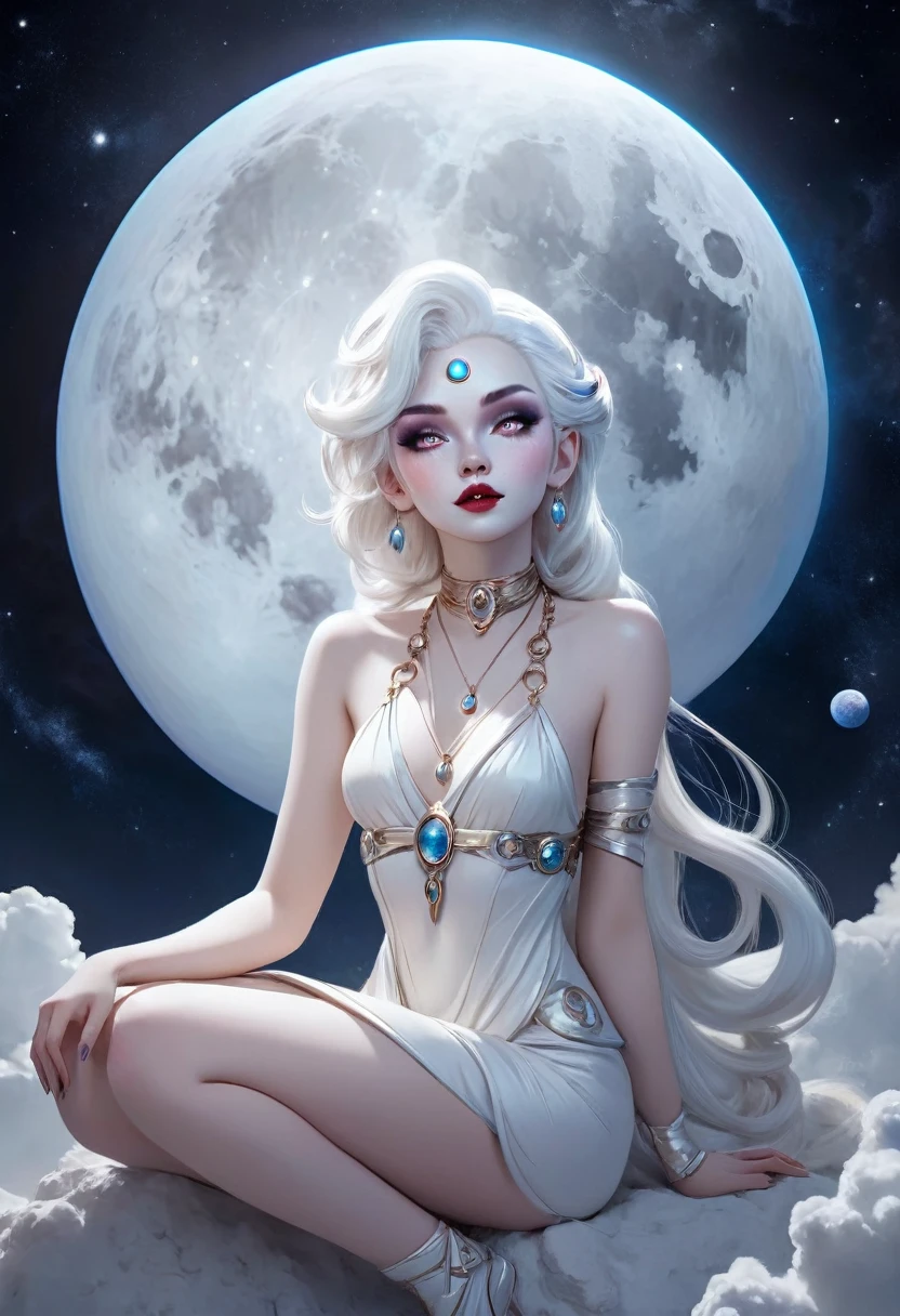 full body front view professional photostwo goddess of the moon a woman with pale white skin and glossy lips and full lashes makeup done with white pale hair in a white goddess outfits  sitting on the moon a pretty head piece  in space holding a planet and kissing the planet