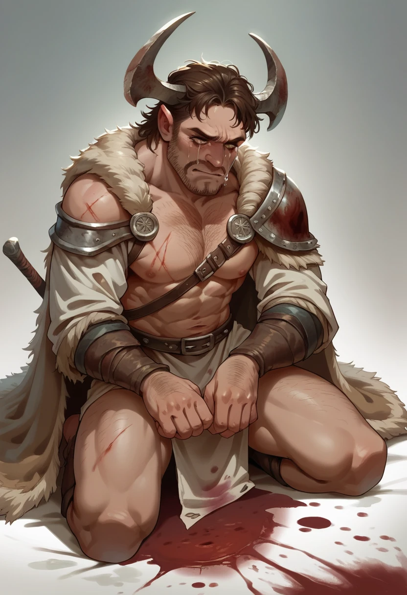 kneeling viking boy, stained with blood while crying